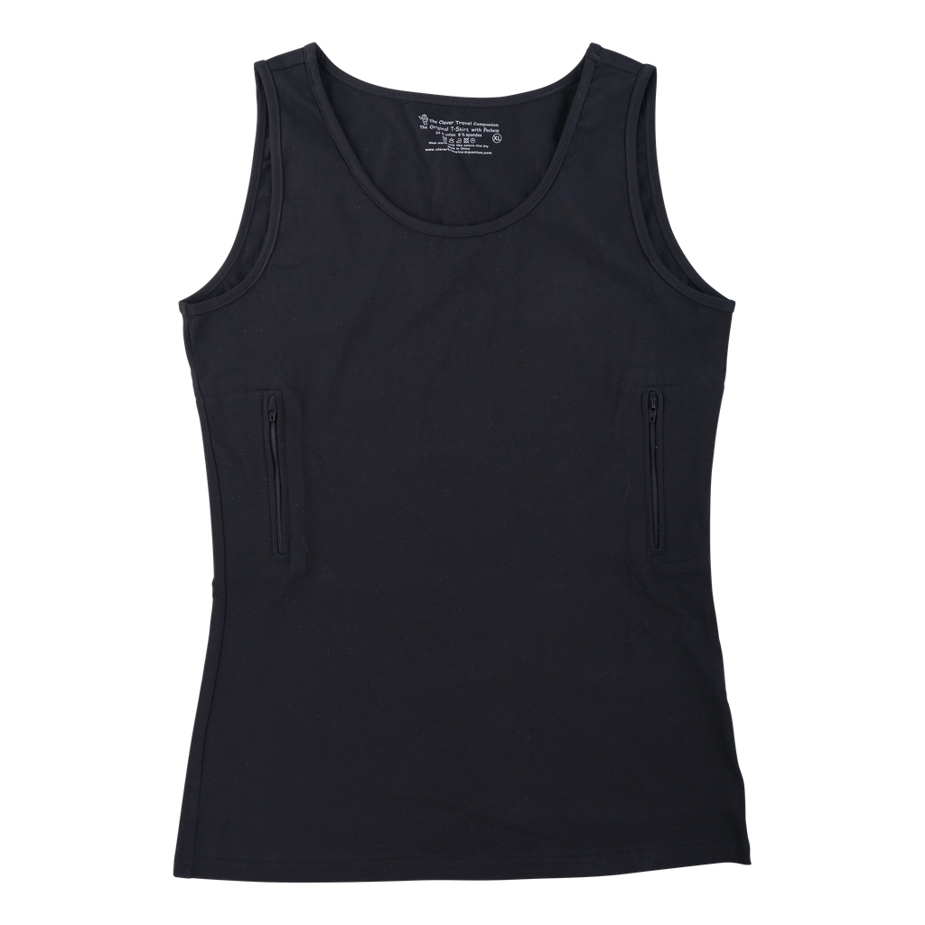 Clever Travel Companion Women's Tank Top - Workout Shirts Summer Tops | Pickpocket & Loss Proof Holiday Tour Ribbed Tank Tops - Sleeveless Tee Shirt with 2 Secret Pockets