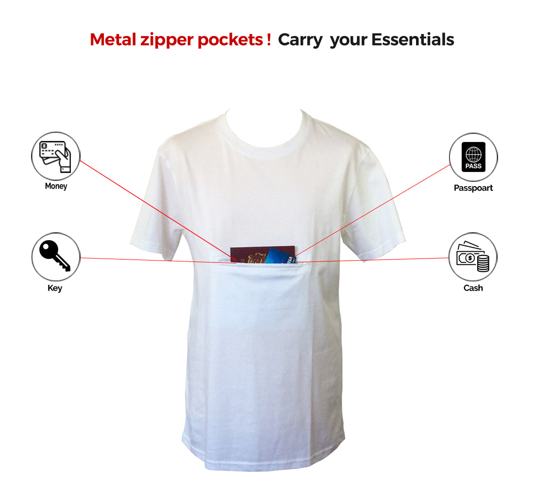 Crew Neck T-shirt with secret zipper pocket
