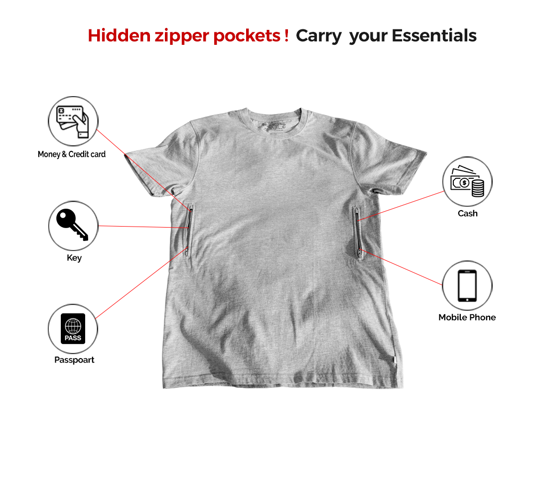 Crew Neck T-shirt with 2 secret zipper pockets