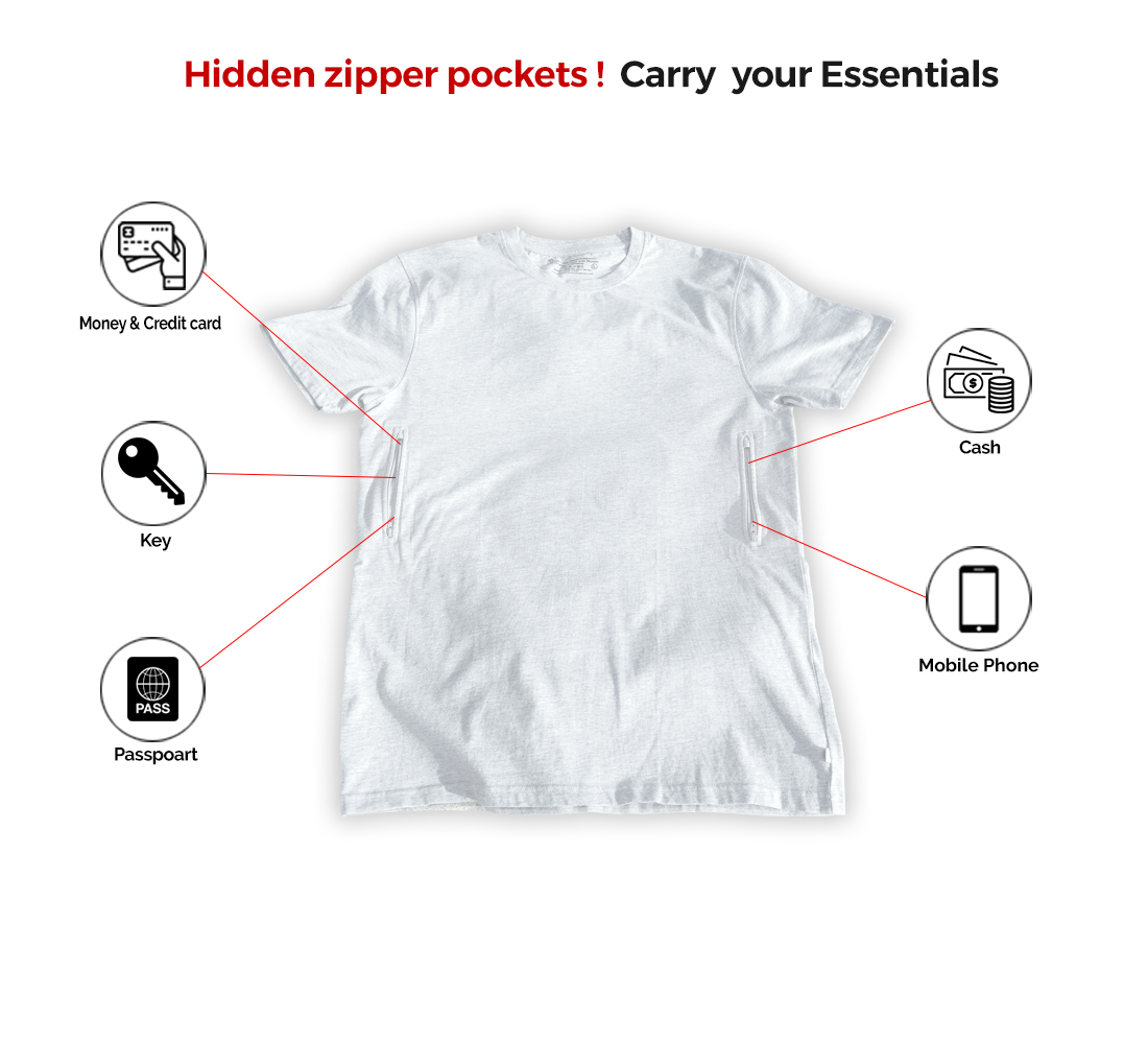 Crew Neck T-shirt with 2 secret zipper pockets