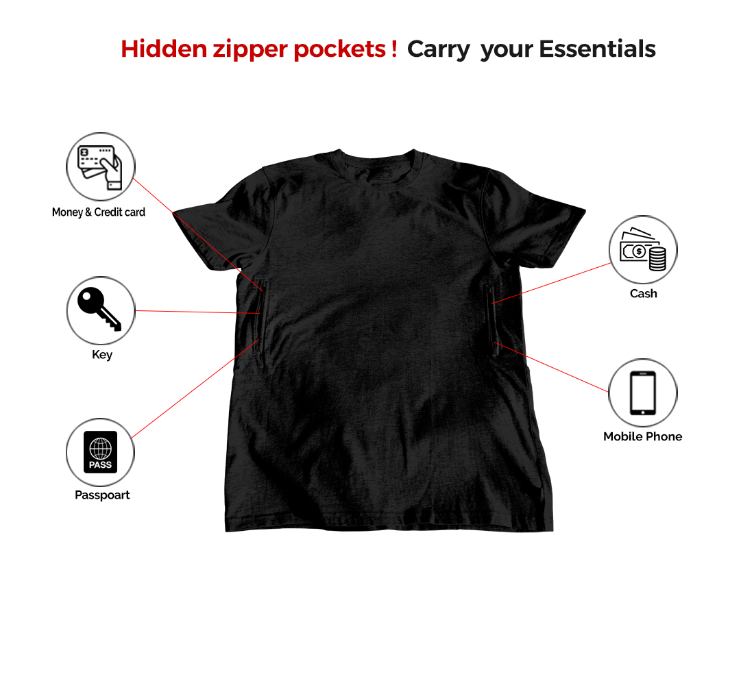Crew Neck T-shirt with 2 secret zipper pockets