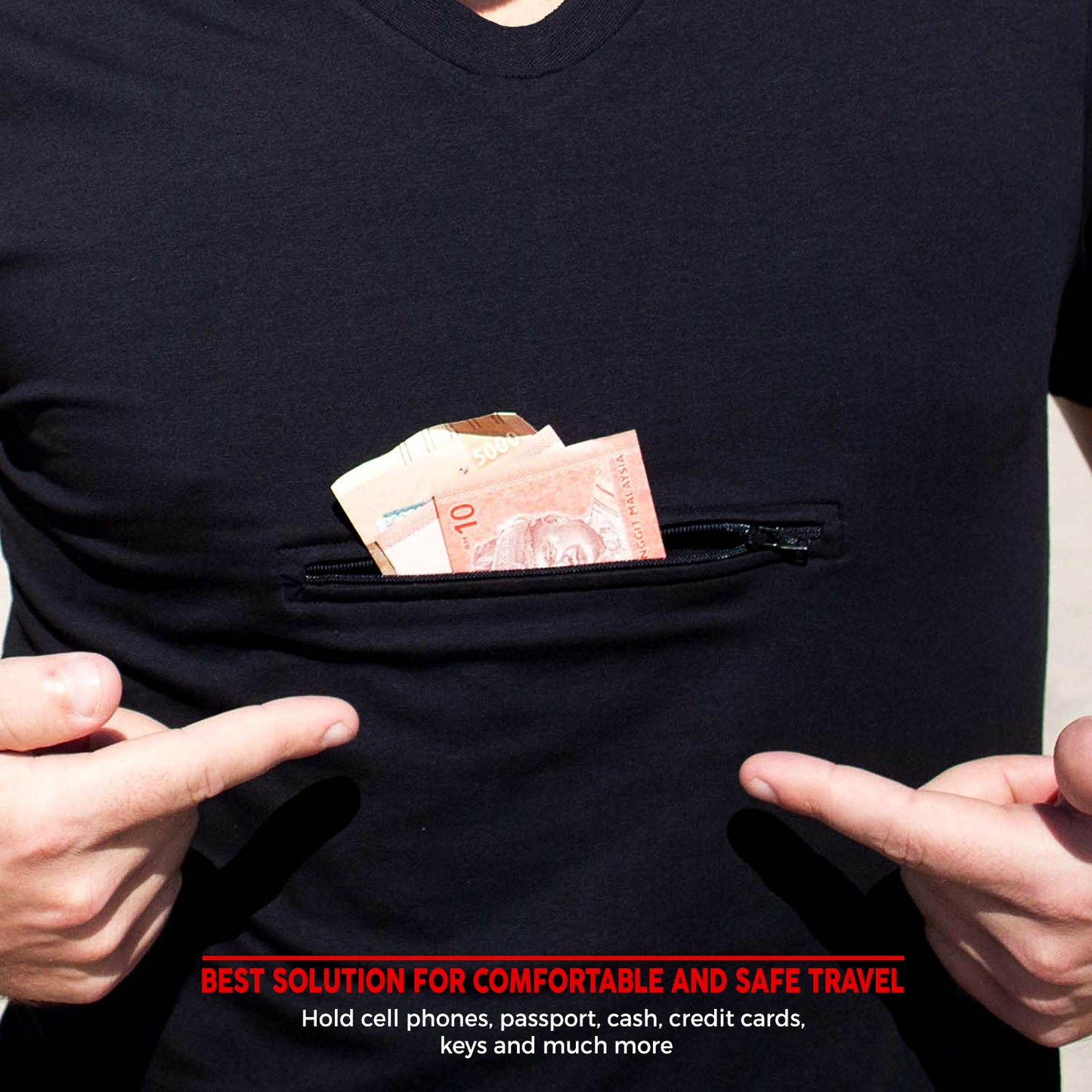 Crew Neck T-shirt with secret zipper pocket