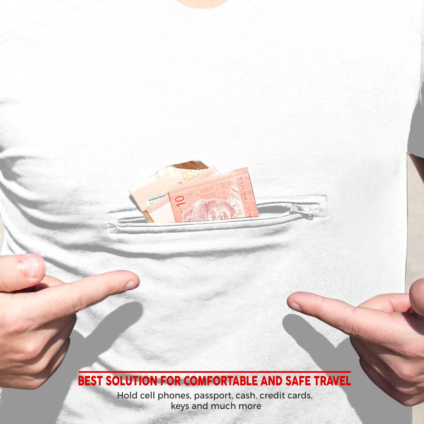 Crew Neck T-shirt with secret zipper pocket