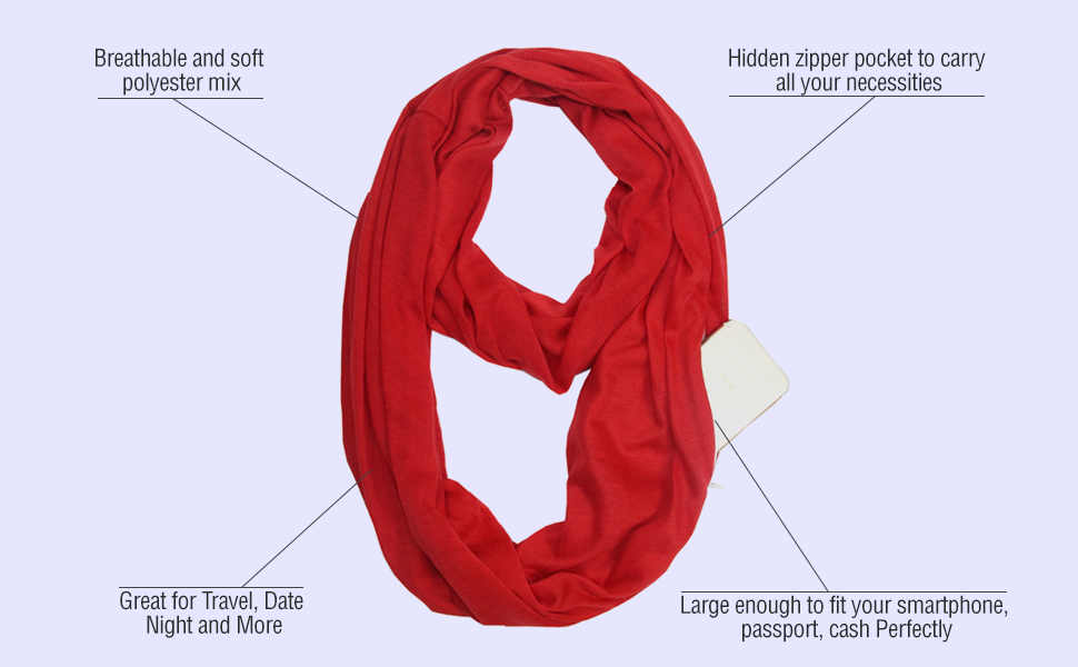 Infinity Lightweight Travel Scarf with Secret Zipper Pocket